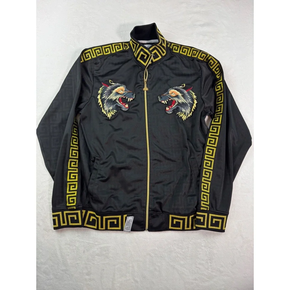 RS1NE Mens Track Jacket Black Gold Wolf Embroidered Greek Key Full Zip Large